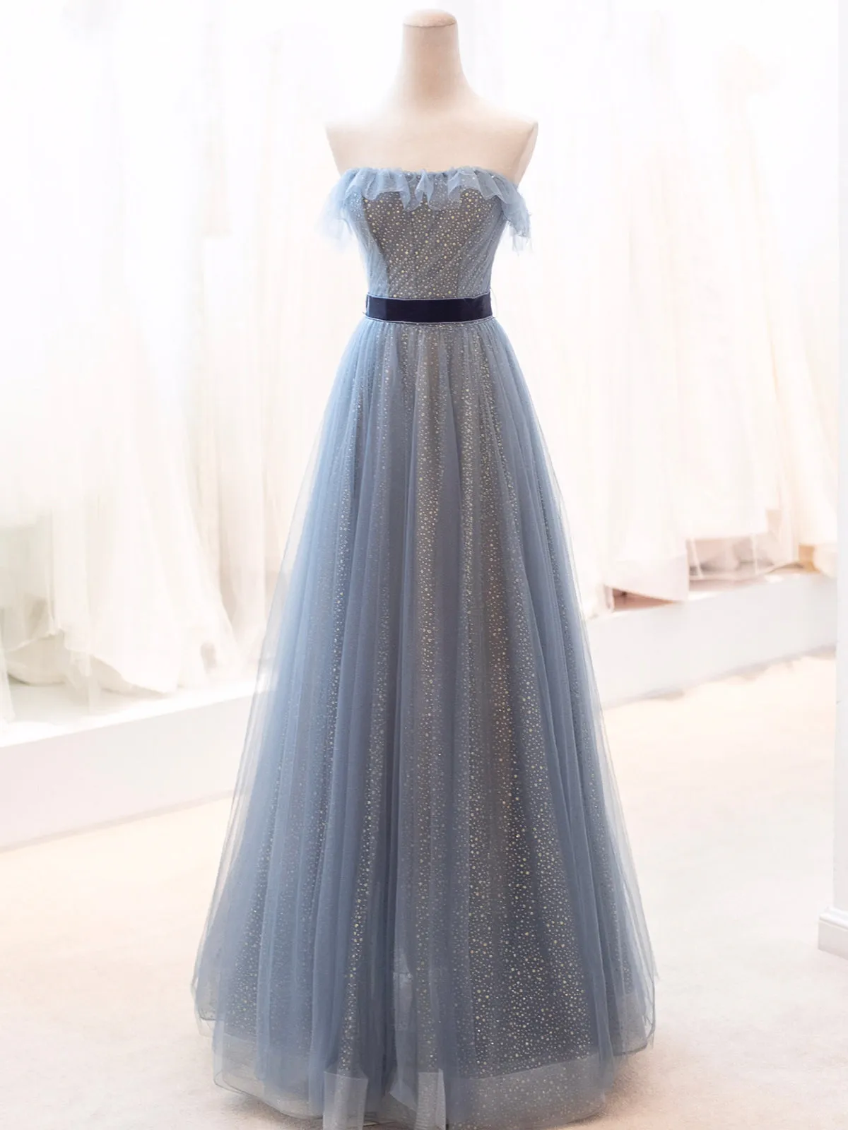 Blue Tulle Long Prom Dress, A-Line Strapless Evening Party Dress