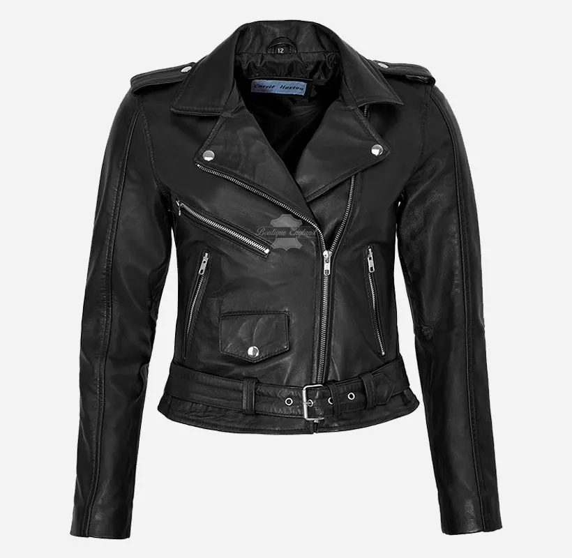 MB Ladies Biker Style Leather Jacket Short Fitted Fashion Jacket