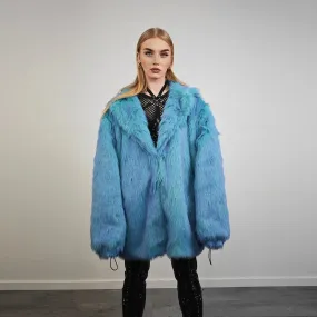Neon blue fur coat luxury trench fluorescent psychedelic overcoat shaggy rave bomber festival luminous party jacket custom catwalk peacoat
