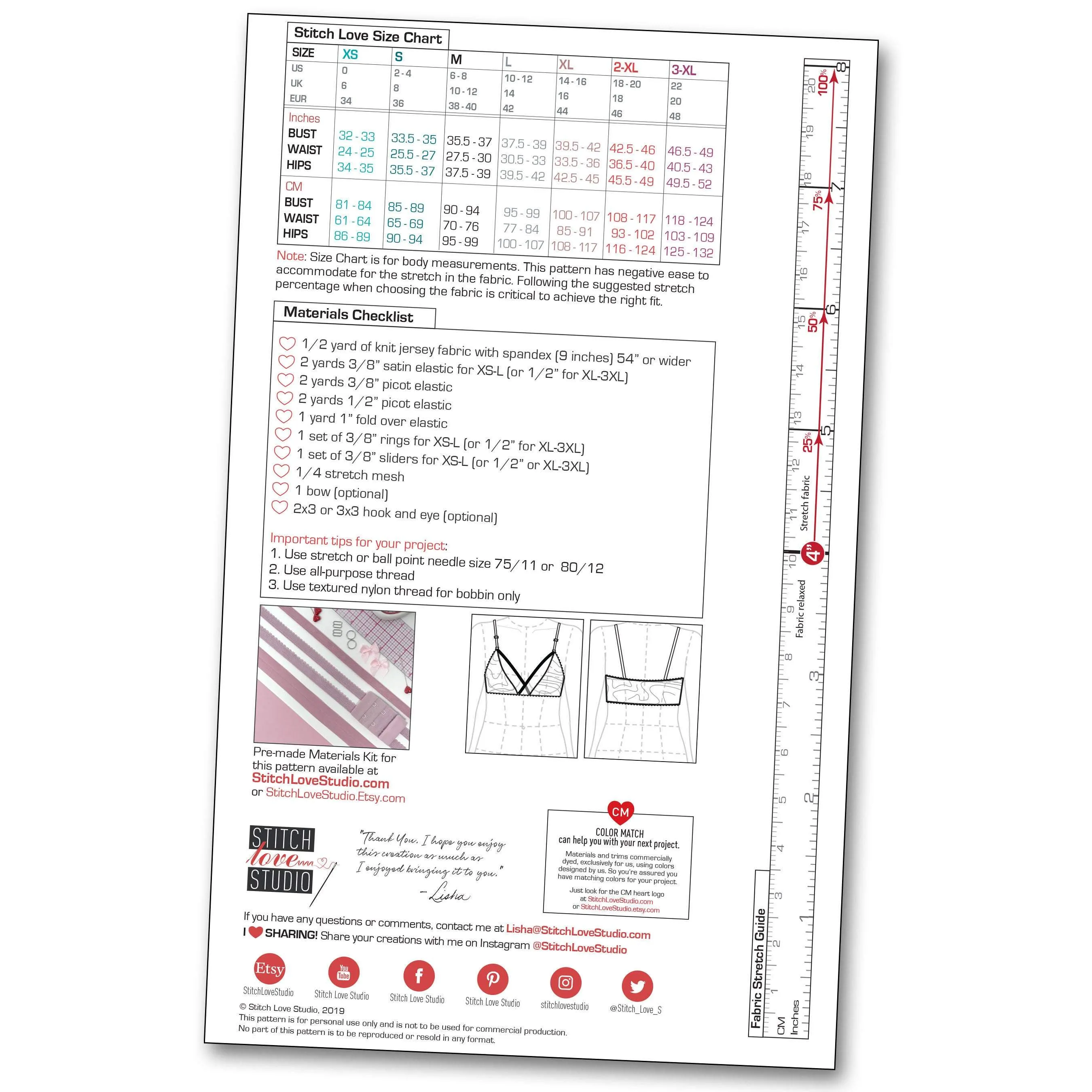 Printed "Lily" Bralette Sewing Pattern, Sizes XS-L or XL-3XL