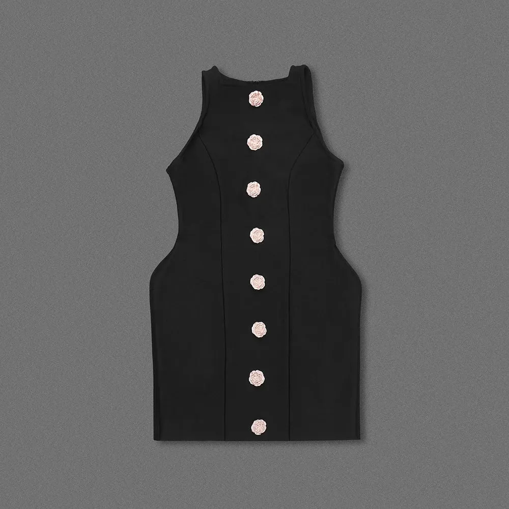 Trend4us Women's Chic Flower Button Embellished Mini Dress