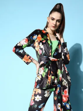 Women Black Floral Velvet Shawl Collar Belted Jacket